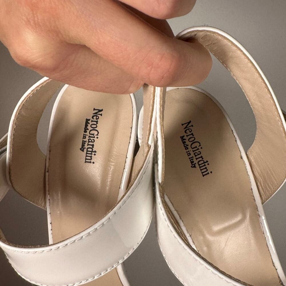 NeroGiardini White & Tan Cork Buckle Patent Leather Platform Heels Women's 11 - Picture 7 of 11